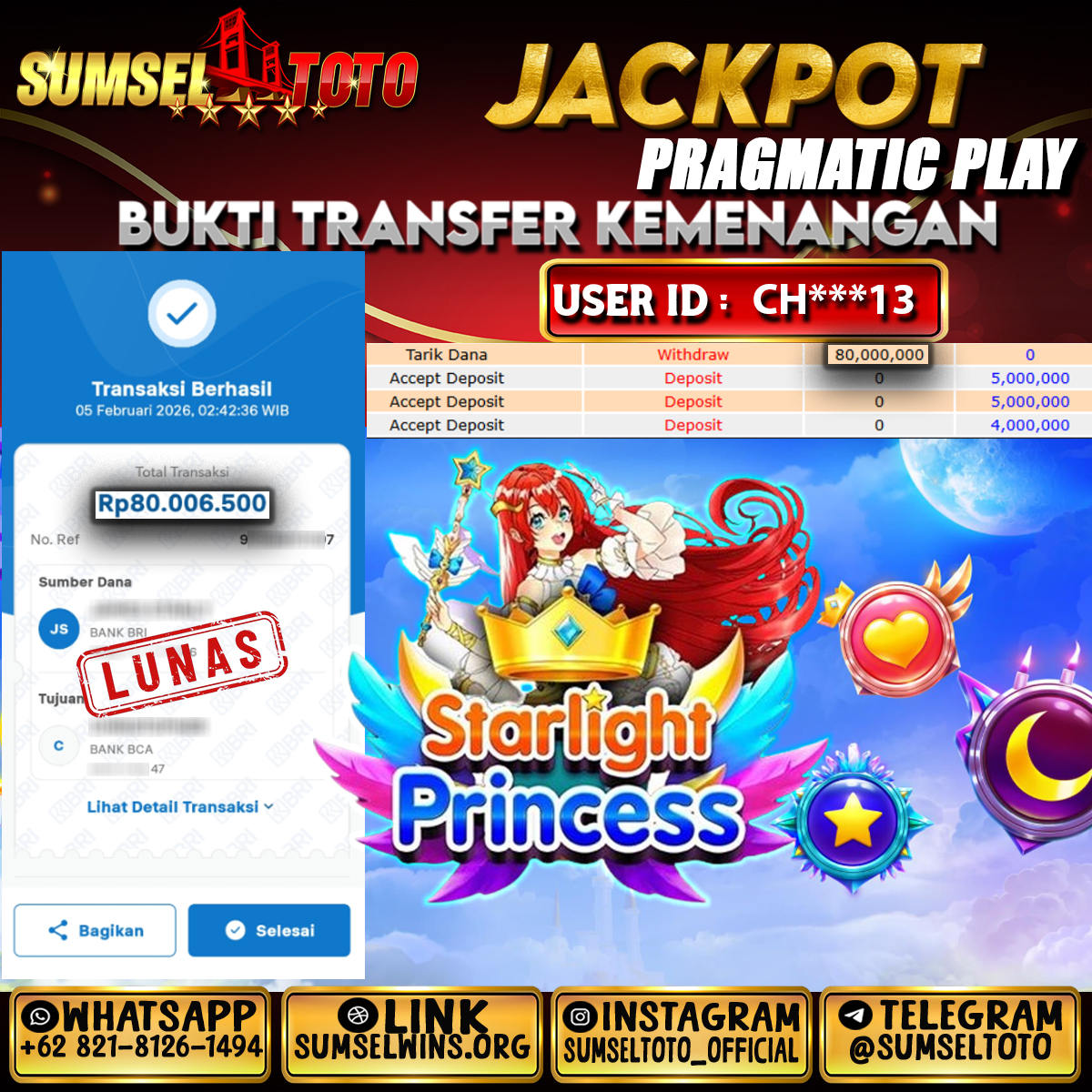 SUMSELTOTO JACKPOT STARLIGHT PRINCESS Rp.80,000,000.,- LUNAS